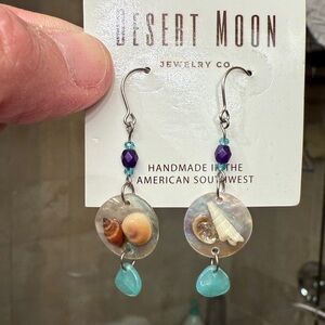NWT Handmade Dessert Moon Silver Wire, Shell & Bead Earrings, in Golden Pouch.